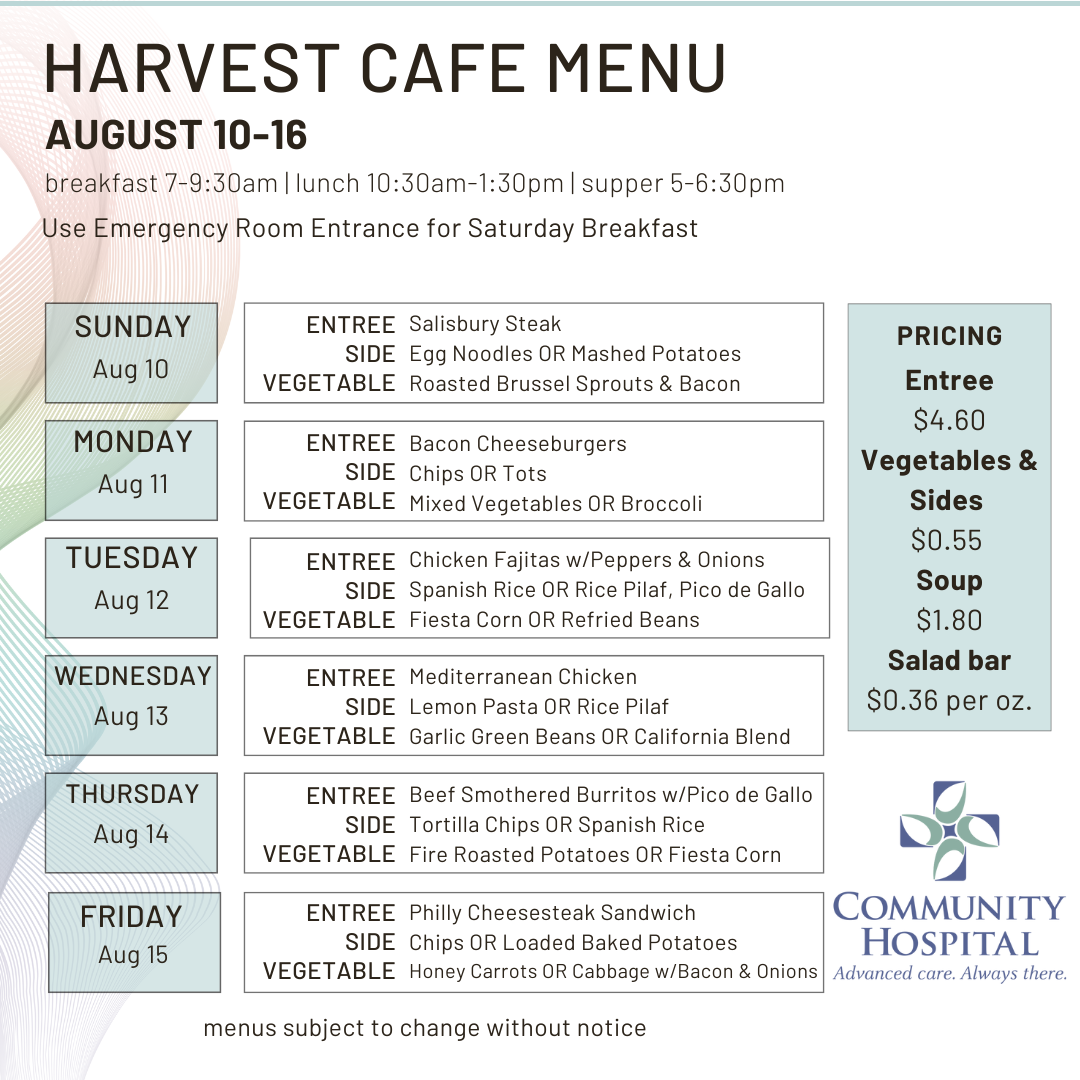 Harvest Cafe Menu for August 10-16