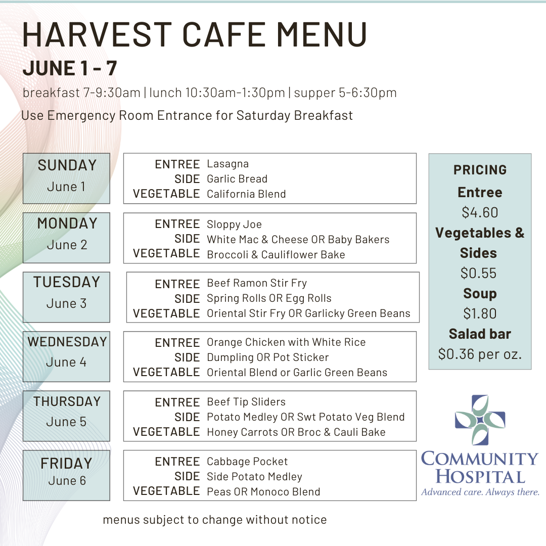 Harvest Cafe Menu for June 1-7