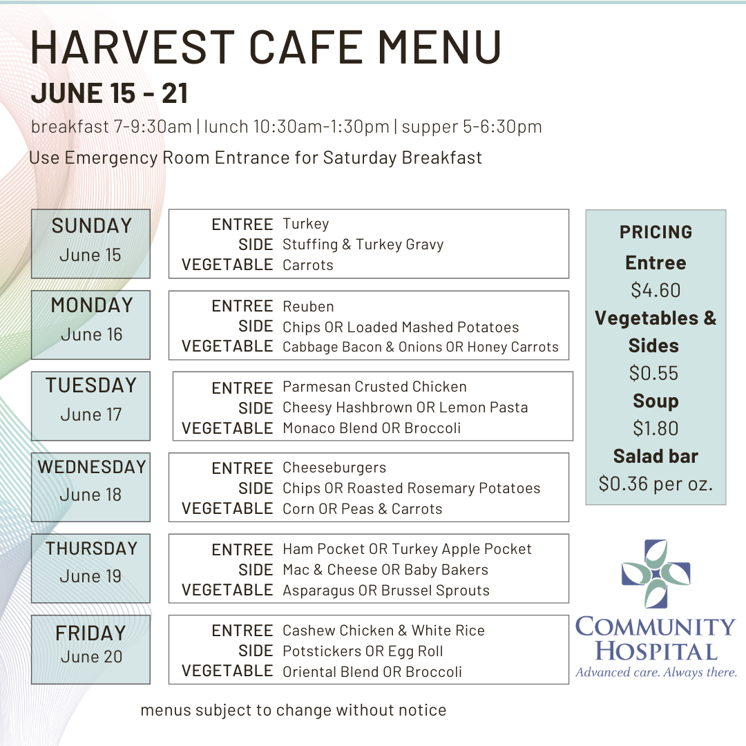 Harvest Cafe Menu for June 15-21