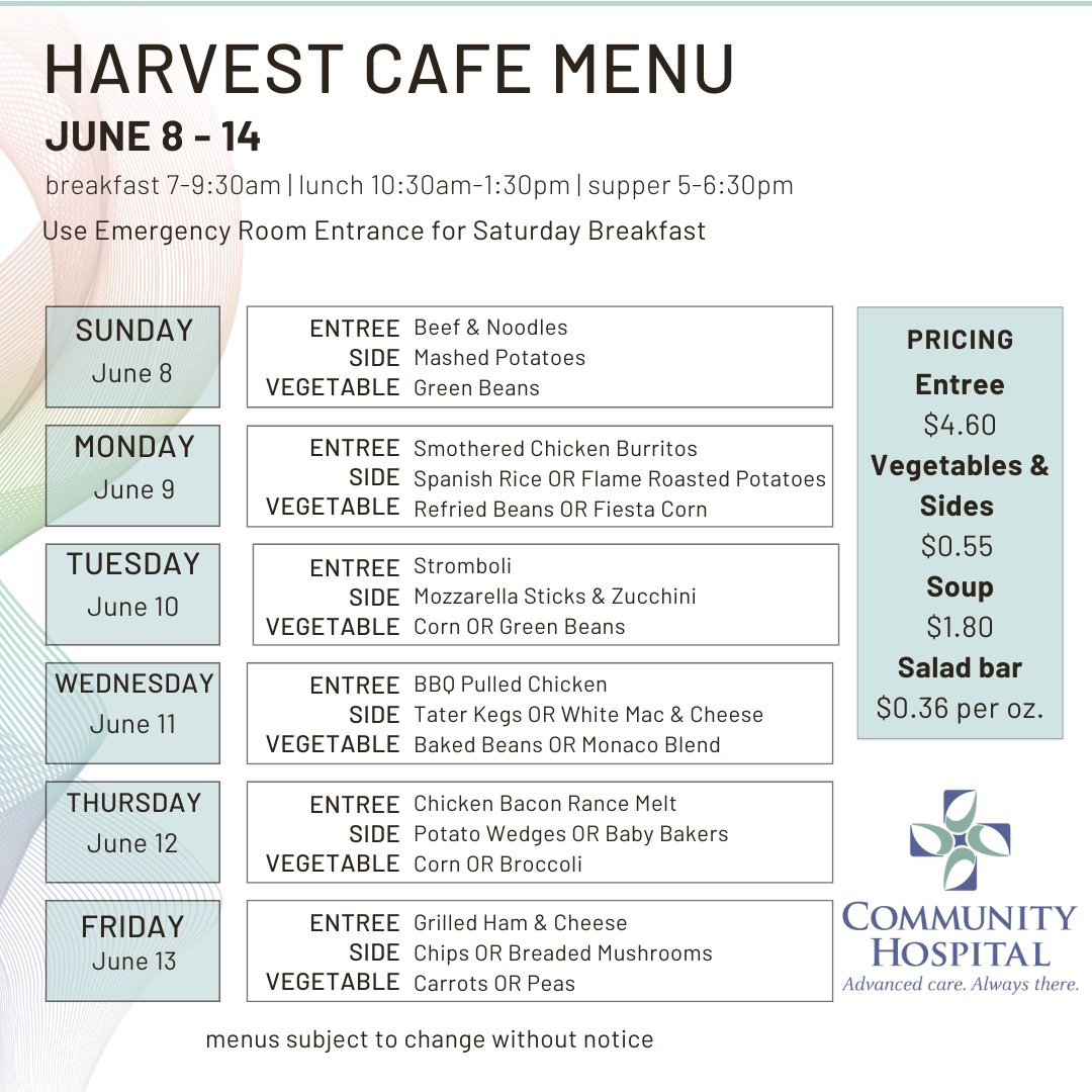 Harvest Cafe Menu for June 8-14