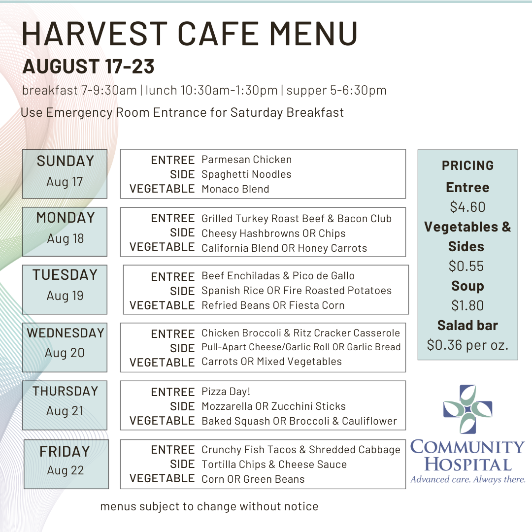 Harvest Cafe Menu for August 17-23