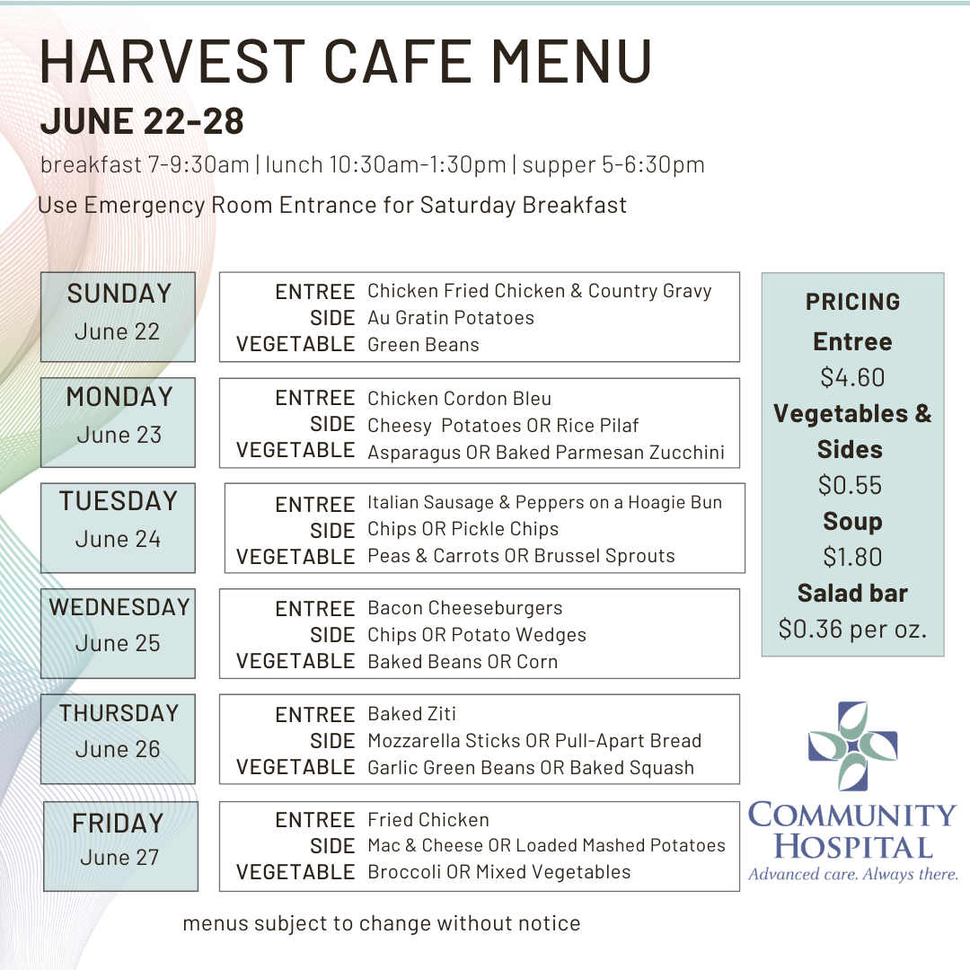 Harvest Cafe Menu for June 22-28