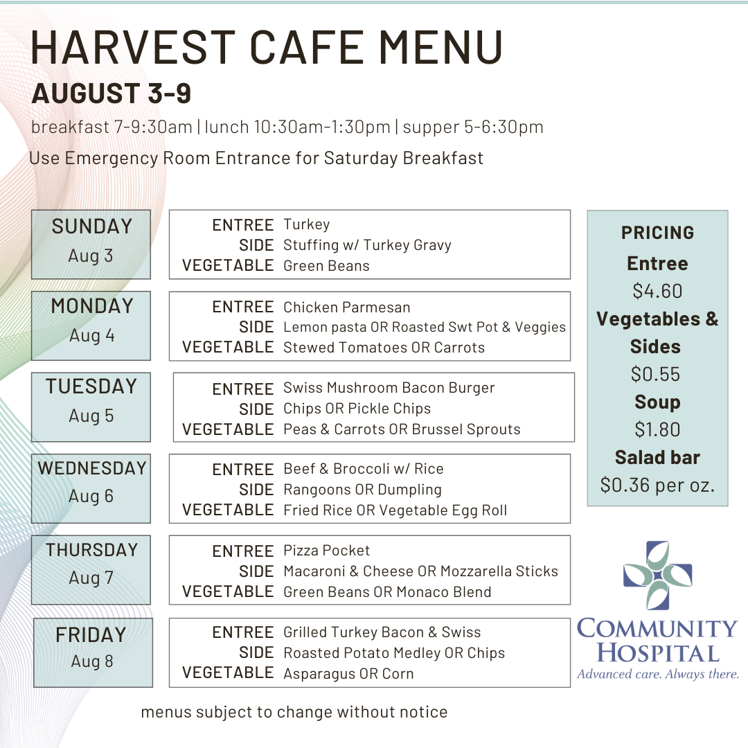 Harvest Cafe Menu for August 3-9
